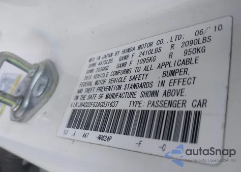 2010 Acura Tsx 2.4 из США, поврежденный, VIN JH4CU2F63AC031637